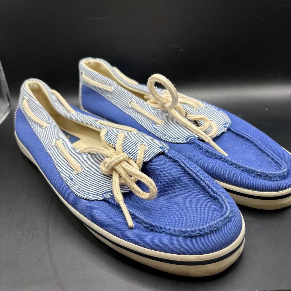 VTG Polo Ralph Lauren Boat Shoes Blue Canvas Loafers Striped‎ Trim Size